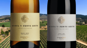 close up of bottles of Quint da Fonte Souto Tinto Red and Branco White on a background of a vineyard